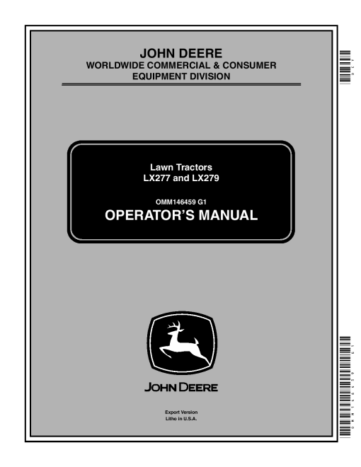 John Deere LX277 LX279 Lawn Tractors OMM146459 Operation and Maintenance manual PDF Download