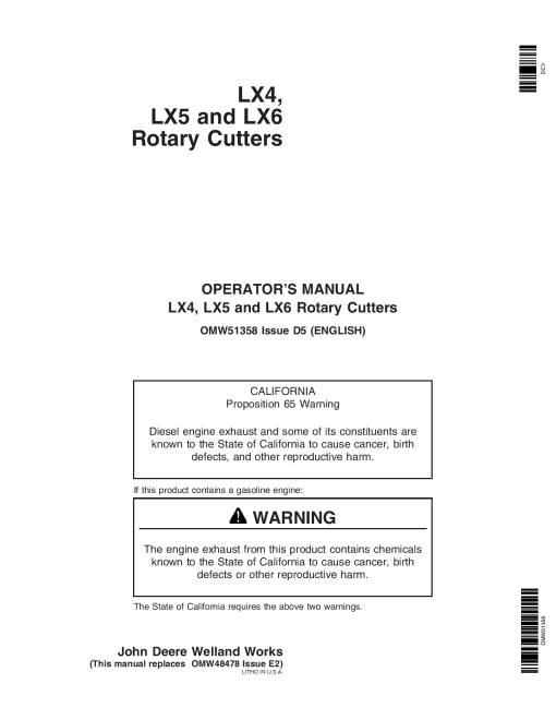 John Deere LX4 LX5 LX6 Rotary Cutters OMW51358 Operation and Maintenance manual PDF Download