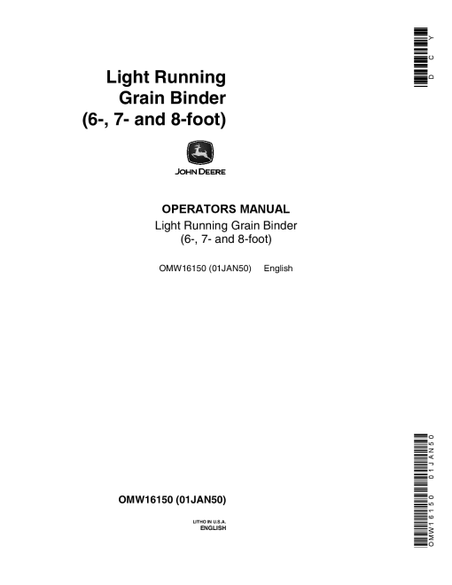 John Deere Light Running Grain Binder Grain Binder OMW16150 Operation and Maintenance manual PDF Download