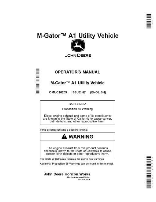 John Deere M Gator A1 Utility Vehicle OMUC16259 Operation and Maintenance manual PDF Download