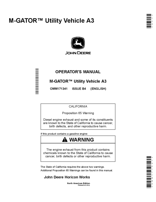 John Deere M Gator A3 Utility All Terrain Vehicle North American Edition 080001 110000 OMM171341 Operation and Maintenance manual PDF Download