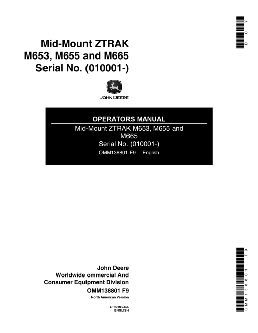 John Deere M653 M655 M665 Mid Mount ZTRAK 010001 OMM138801 Operation and Maintenance manual PDF Download