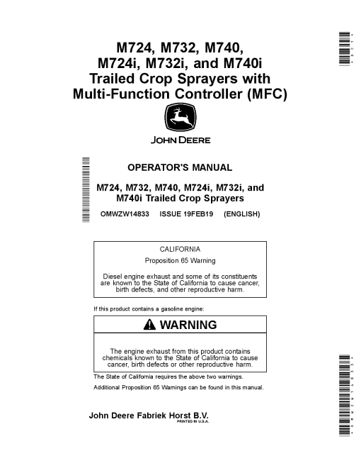 John Deere M724 M732 M740 M724i M732i and M740i Trailed Crop Sprayers with Multi Function Controller M FC OMWZW14833 Operation and Maintenance manual PDF Download