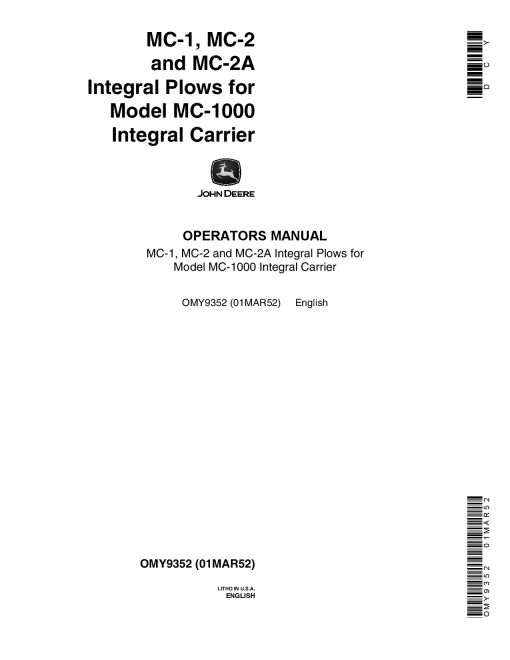 John Deere MC1 MC2 MC 2A Moldboard Plow Integral OMY9352 Operation and Maintenance manual PDF Download