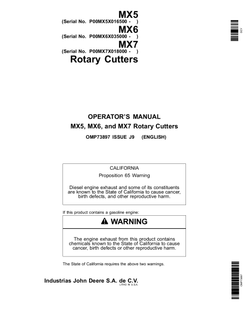 John Deere MX5 Rotary Cutters 016500 029999 MX6 Rotary Cutters 035000 049999 MX7 Rotary Cutters 018000 020499 North American Edition OMP73897 Operation and Maintenance manual PDF Download