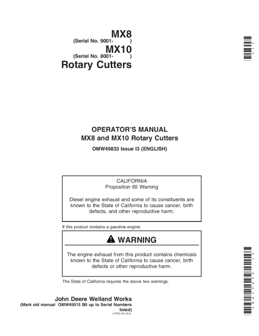 John Deere MX8 Rotary Cutters 009001 010799 MX10 Rotary Cutters 008001 009899 OMW49833 Operation and Maintenance manual PDF Download