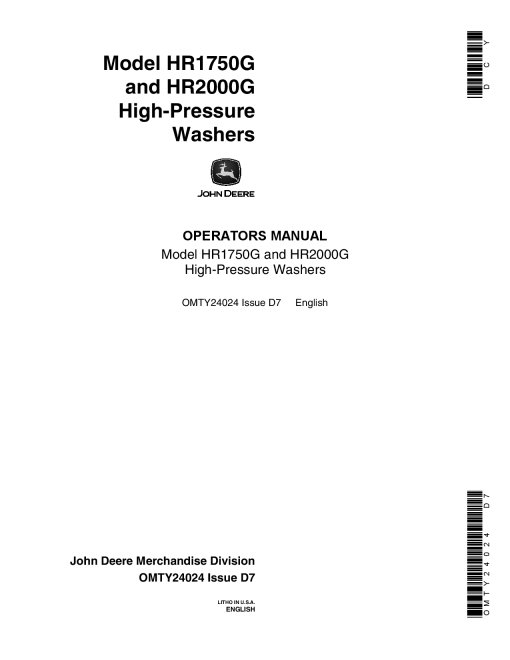 John Deere Model HR1750G HR20006 High Pressure Washers OMTY24024 Operation and Maintenance manual PDF Download
