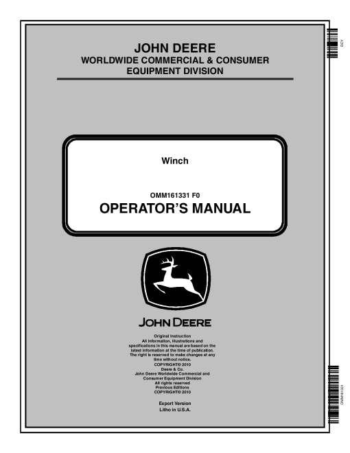 John Deere Multi Mount Winch for XUV 625i 825i 855D Gator OMM161331 Operation and Maintenance manual PDF Download