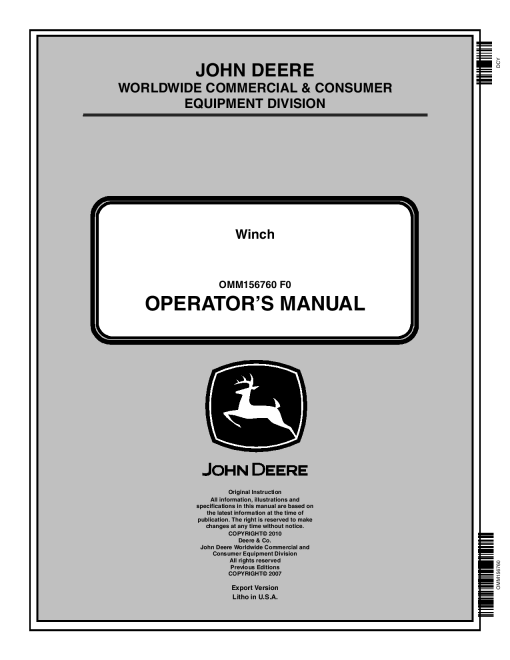 John Deere Multi Mount Winch for XUV HPX T Series Gator Utility Vehicles OMM156760 Operation and Maintenance manual PDF Download