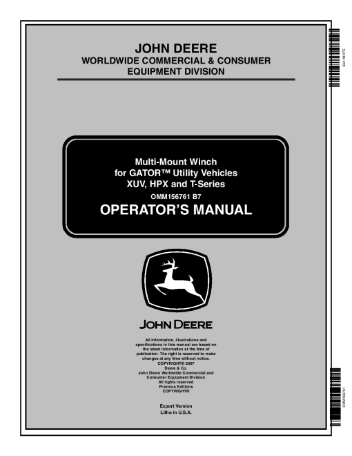 John Deere Multi Mount Winch for XUV HPX T Series Gator Utility Vehicles OMM156761 Operation and Maintenance manual PDF Download