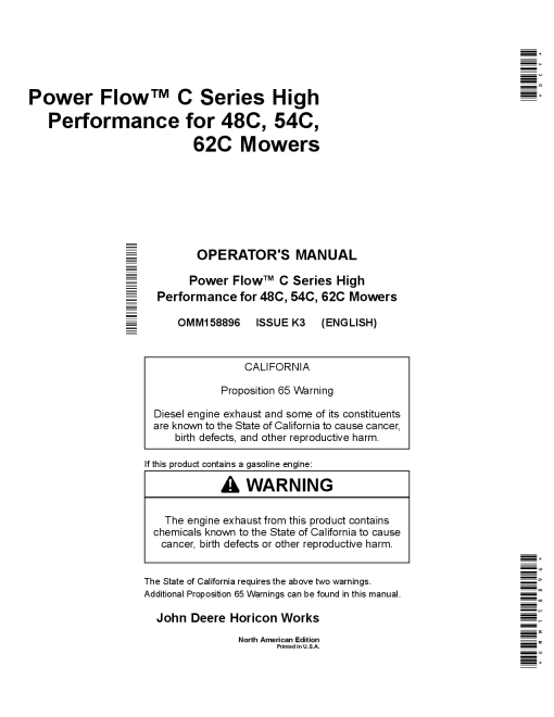 John Deere PowerFlow C Series High Performance for 48C 54C 62C Mower Decks on X300 X500 and X700 Tractors OMM158896 Operation and Maintenance manual PDF Download
