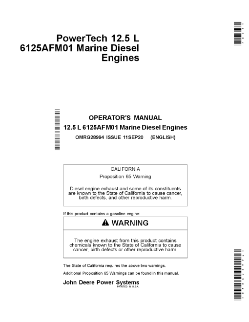 John Deere PowerTech 12.5L 6125AFM01 Marine Diesel Engines OMRG28994 Operation and Maintenance manual PDF Download