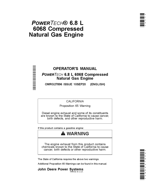 John Deere PowerTech 6.8L 6068 Compressed Natural Gas Engine OMRG27896 Operation and Maintenance manual PDF Download