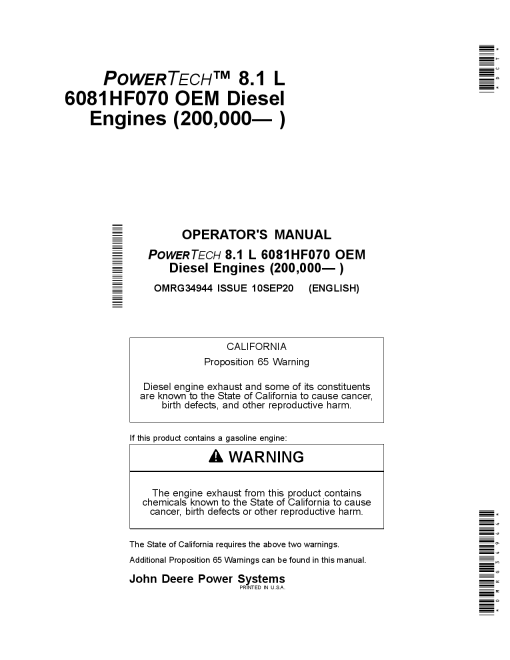 John Deere PowerTech 8.1L 6081HF070 Tier 2 Stage II OEM DieselEngines 200000 OMRG34944 Operation and Maintenance manual PDF Download