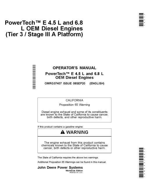 John Deere PowerTech E 4.5L 4045TF285 HF285 6.8L 6068HF285 Tier 3 Stage IIIA OEM Diesel Engines OMRG37407 Operation and Maintenance manual PDF Download