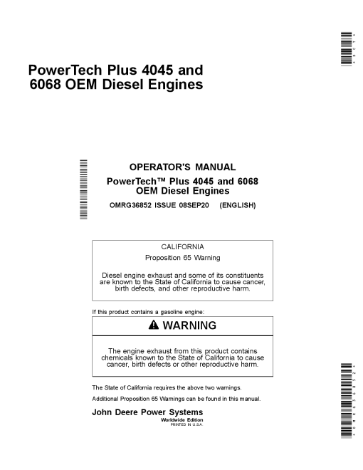 John Deere PowerTech Plus 4045HF485 6068HF485 Tier 3 Stage IIIA OEM Diesel Engines OMRG36852 Operation and Maintenance manual PDF Download