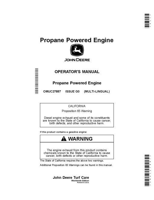 John Deere Propane Powered Engine for 2900 series 040001 648R 652E 652R 661R 010001 Commercial Walk Behind Mowers 010001 OMUC27887 Operation and Maintenance manual PDF Download