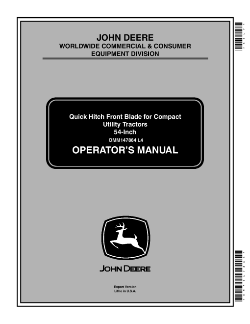 John Deere Quick Hitch Front Blade for CUT 54 Inch OMM147864 Operation and Maintenance manual PDF Download
