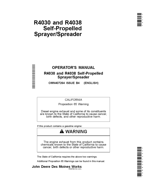 John Deere R4030 R4038 Self Propelled Sprayer Spreader Export Edition 001001 006000 OMN407264 Operation and Maintenance manual PDF Download
