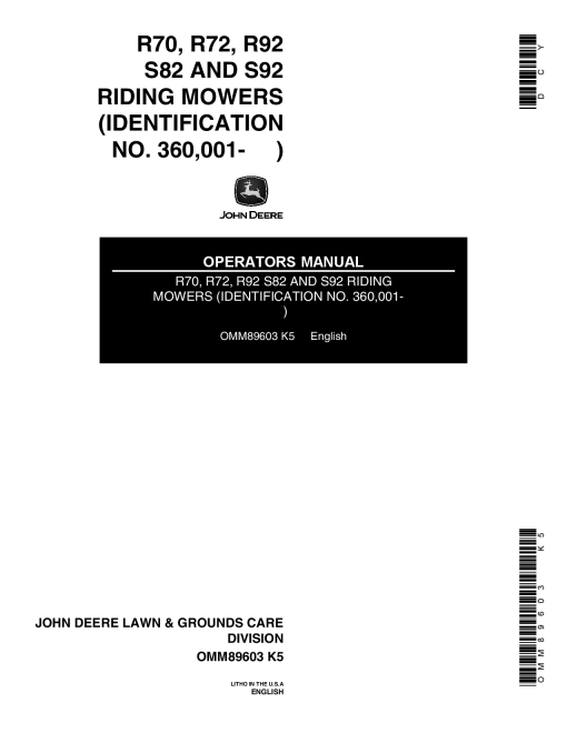 John Deere R70 R72 R92 S82 S92 Riding Mower OMM89603 Operation and Maintenance manual PDF Download
