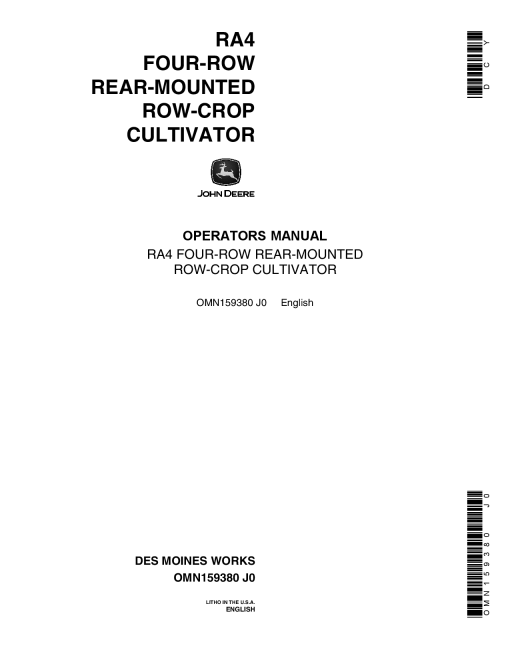 John Deere RA4 Row Crop Cultivator OMN159380 Operation and Maintenance manual PDF Download