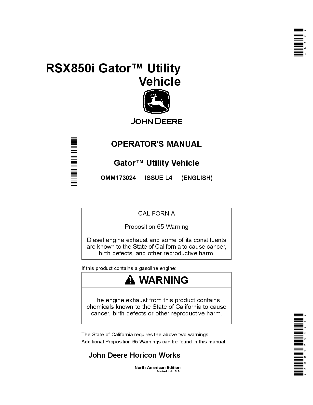 John Deere RSX850i Gator Utility Vehicle North American Edition 040001 OMM173024 Operation and Maintenance manual PDF Download