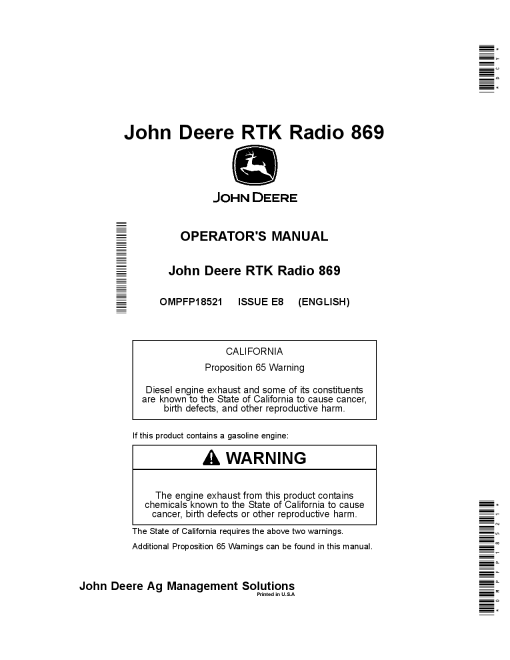 John Deere RTK Radio 869 OMPFP18521 Operation and Maintenance manual PDF Download