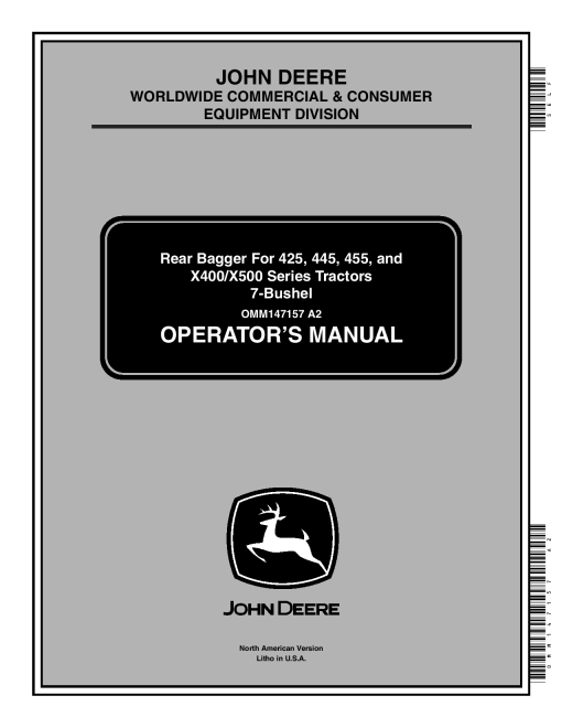 John Deere Rear Bagger for 425 445 455 X400 X500 Series Tractors 7 Bushel W Click N Go OMM147157 Operation and Maintenance manual PDF Download