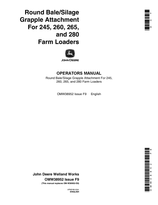 John Deere Round Bale Grapple Silage Grapple Attachments OMW38952 Operation and Maintenance manual PDF Download