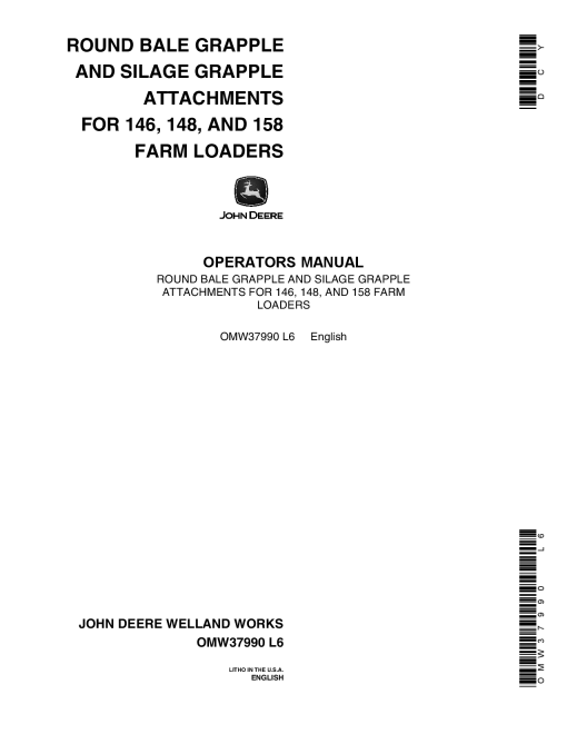 John Deere Round Bale Grapple and Sillage Grapple Attachments For 146 148 158 Farm Loader OMW37990 Operation and Maintenance manual PDF Download