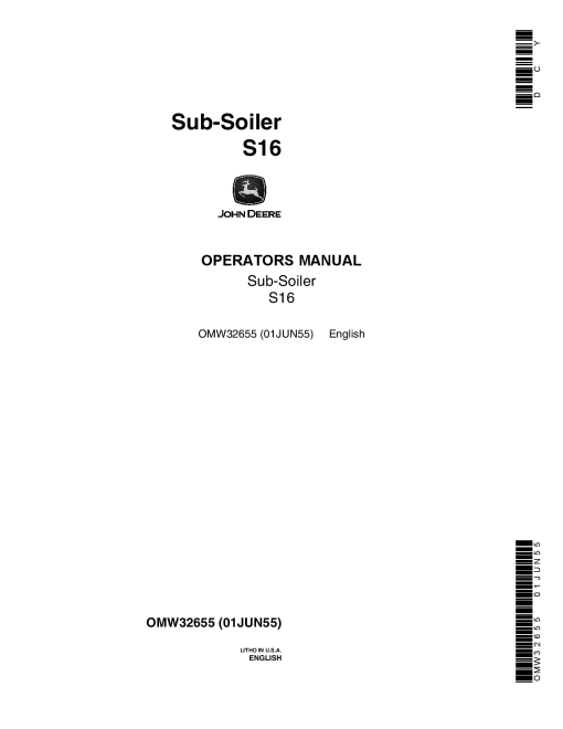 John Deere S16 Subsoiler OMW32655 Operation and Maintenance manual PDF Download