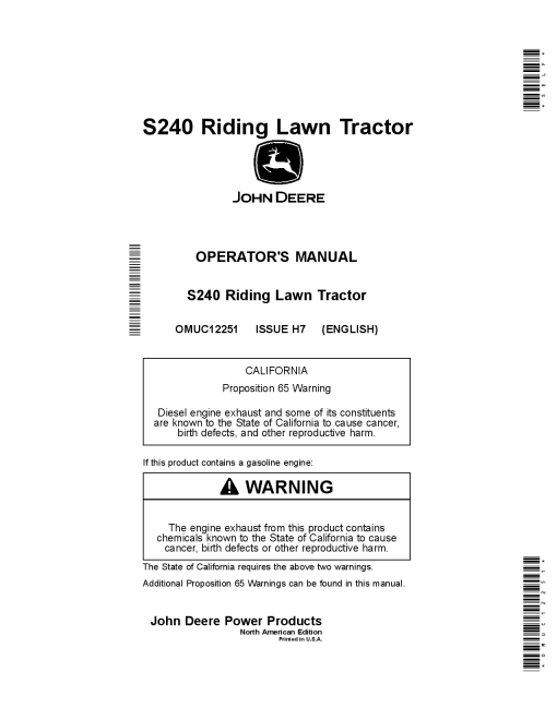 John Deere S240 Riding Lawn Tractor OMUC12251 Operation and Maintenance manual PDF Download
