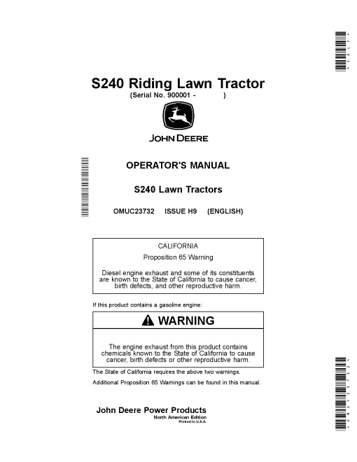 John Deere S240 Riding Lawn Tractor OMUC23732 Operation and Maintenance manual PDF Download