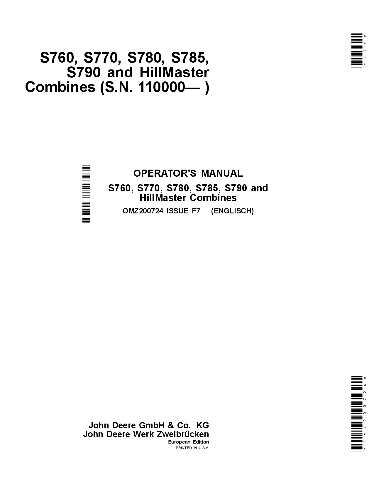 John Deere S760 S770 S780 S785 S790 HillMaster Combines OMZ200724 Operation and Maintenance manual PDF Download