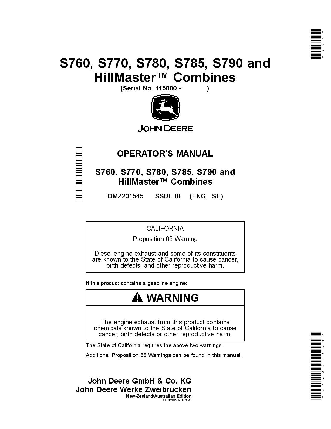John Deere S760 S770 S780 S785 S790 and HillMaster Combines OMZ201545 Operation and Maintenance manual PDF Download