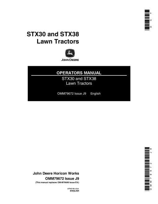 John Deere STX30 STX38 Lawn Tractors OMM79672 Operation and Maintenance manual PDF Download