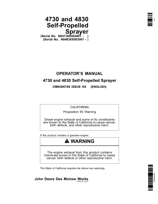 John Deere Self Propelled Sprayers 4730 004001 008000 4830 003001 008000 Export Edition OMN300789 Operation and Maintenance manual PDF Download