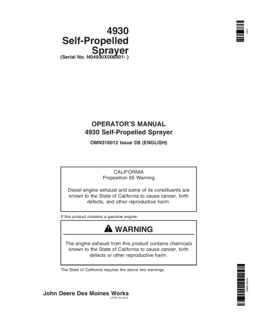 John Deere Self Propelled Sprayers 4730 004001 008000 4830 003001 008000 Export Edition OMN316012 Operation and Maintenance manual PDF Download