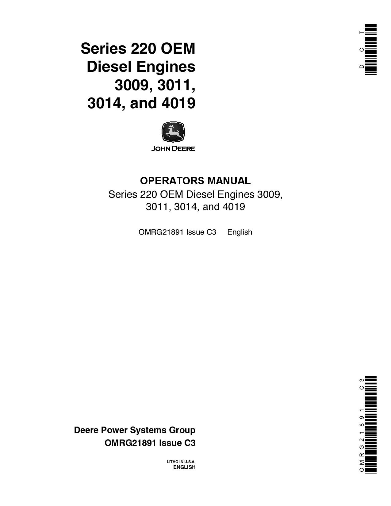 John Deere Series 220 3009 3011 3014 4019 OEM Diesel Engines OMRG21891 Operation and Maintenance manual PDF Download