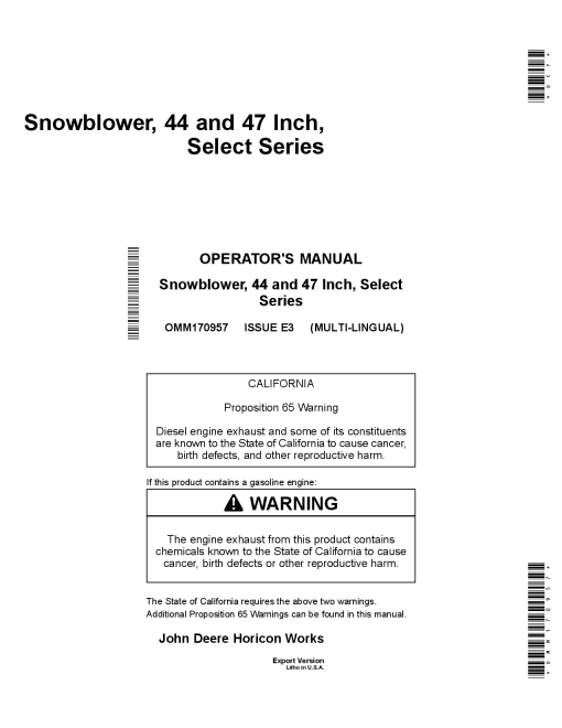 John Deere Snowblower 44 and 47 Inch Select Series Export OMM170957 Operation and Maintenance manual PDF Download