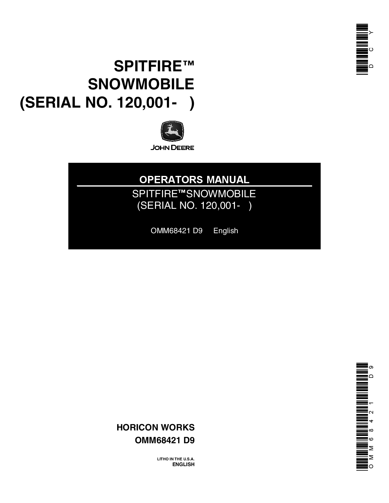 John Deere Spitfire Snowmobiles 120000 155000 OMM68421 Operation and Maintenance manual PDF Download