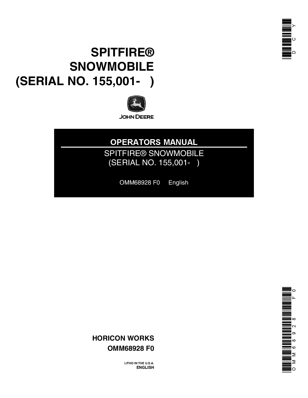 John Deere Spitfire Snowmobiles 155000 190000 OMM68928 Operation and Maintenance manual PDF Download