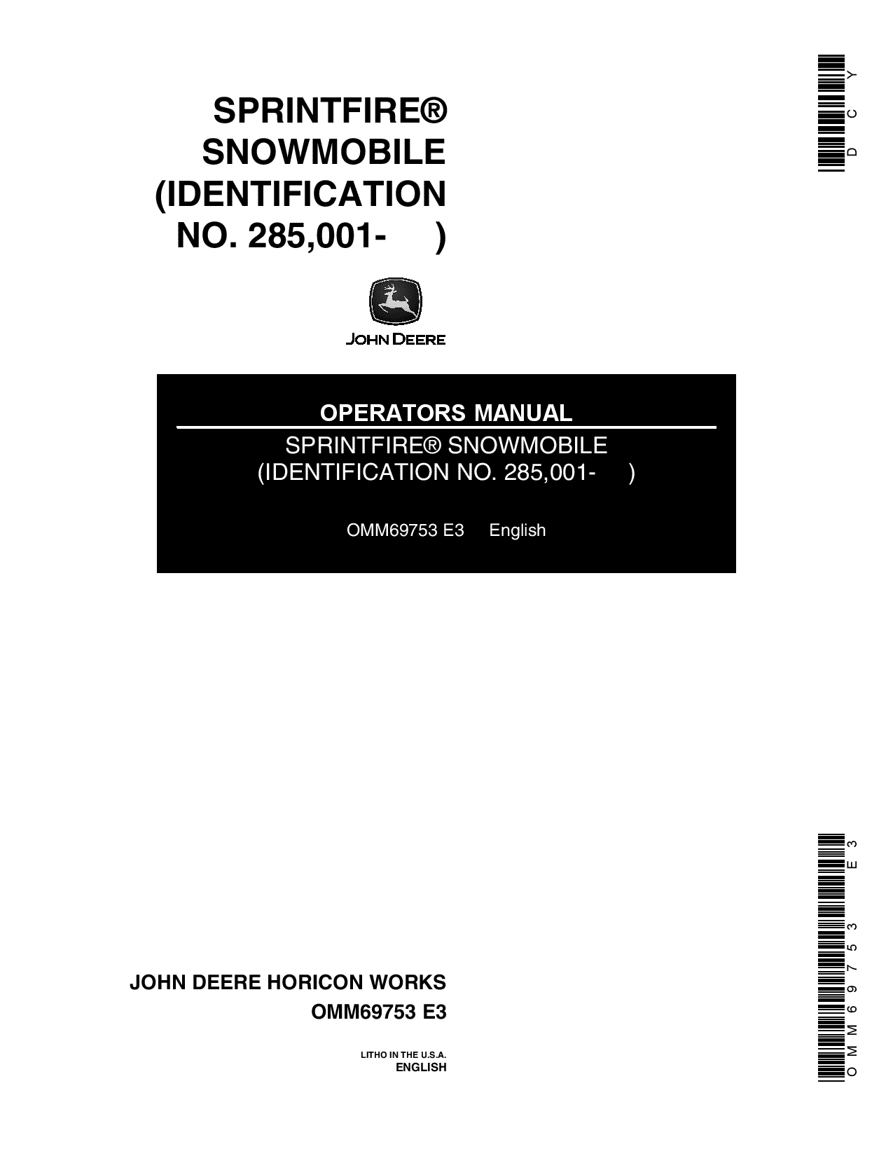 John Deere Sprintfire Snowmobiles 285001 OMM69753 Operation and Maintenance manual PDF Download