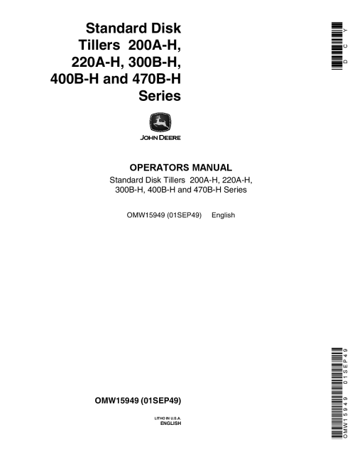 John Deere Standard Disk Tillers 200A H 220A H 300B H 400B H 400B H Series OMW15949 Operation and Maintenance manual PDF Download