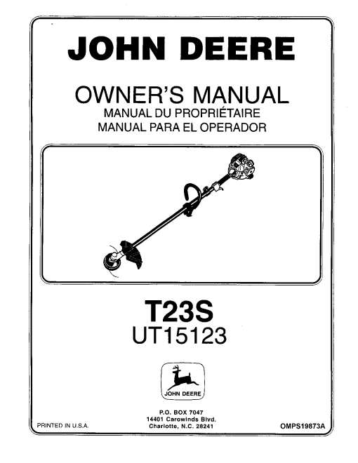 John Deere T23S String TrimmerBrushcutter UT15123A OMPS19873A Operation and Maintenance manual PDF Download