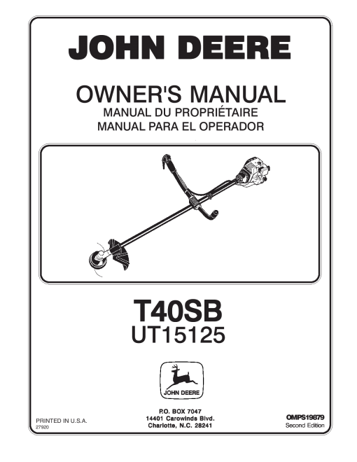John Deere T40SB String Trimmer UT15125 OMPS19879 Operation and Maintenance manual PDF Download