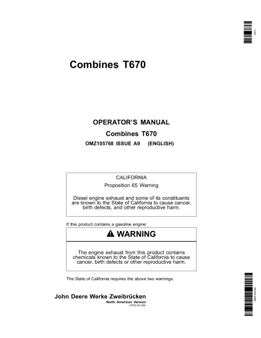 John Deere T670 Combine OMZ105768 Operation and Maintenance manual PDF Download