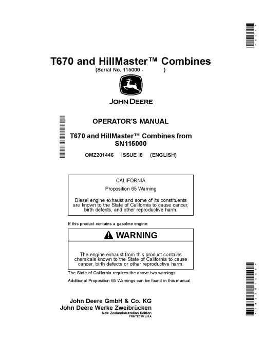 John Deere T670 and HillMasterTM Combines OMZ201446 Operation and Maintenance manual PDF Download