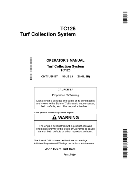 John Deere TC125 Turf Collection System OMTCU28197 Operation and Maintenance manual PDF Download