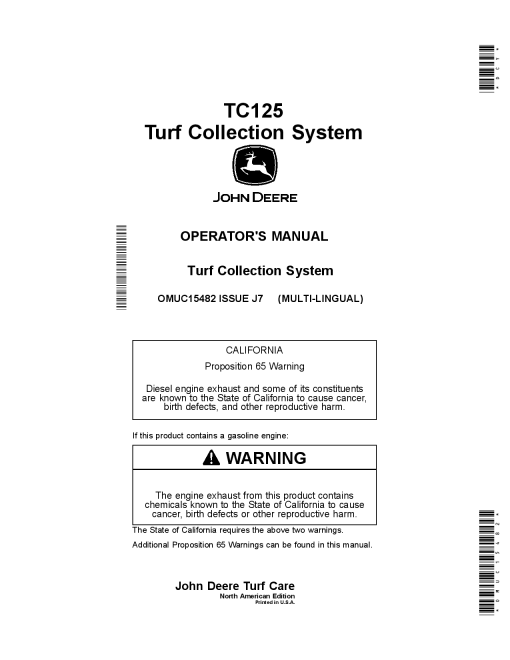 John Deere TC125 Turf Collection System OMUC15482 Operation and Maintenance manual PDF Download